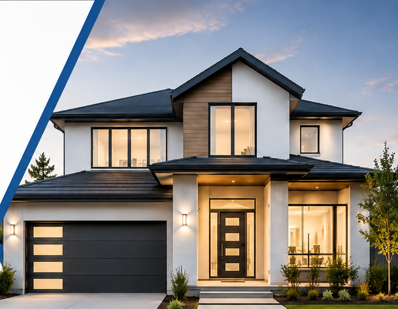 A finished Kinna Homes project — a remodeled modern home glowing at dusk